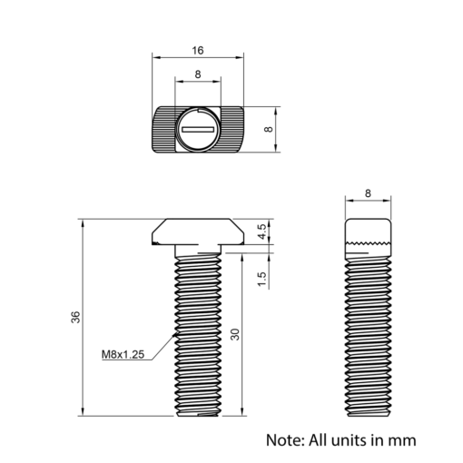 Technical Drawing of Drop In Bolt - T-Slot - 30 Series - M8 - 30mm