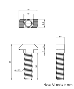 Technical Drawing of Drop In Bolt - T-Slot - 40 & 45 Series - M8 - 30mm