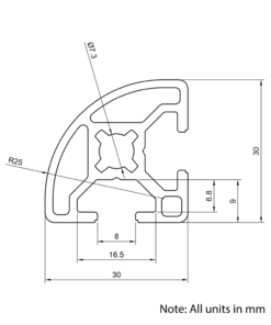 Technical Drawing Of Aluminium Extrusion Profile - T-Slot - 30x30mm - 90 Degree Radius - Silver - Cut to Size