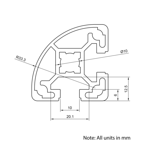 Technical Drawing Of Aluminium Extrusion Profile - T-Slot - 40x40mm - 90 Degree Radius - Silver - Cut to Size