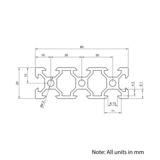 20x60 Silver Aluminium Extrusion Profile Drawing