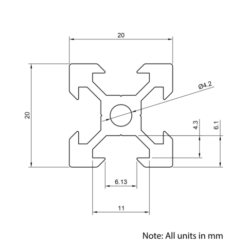 20x20 Silver Aluminium Extrusion Profile Drawing