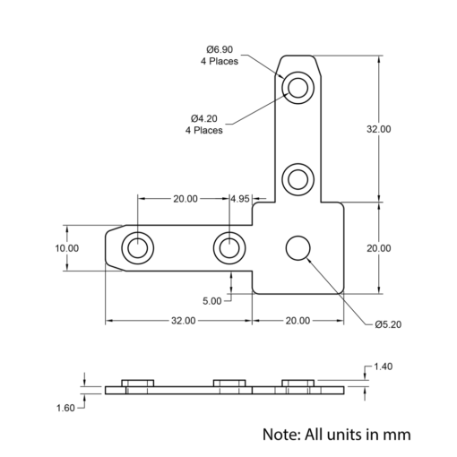 Technical Drawing Of Inner Link Connector - Angle - 90 Degree - With Fixings