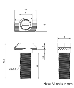 Technical Drawing of Drop In Bolt - T/V-Slot - 20 Series - M5 - 12mm