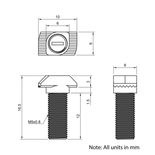 Technical Drawing of Drop In Bolt - T/V-Slot - 20 Series - M5 - 12mm