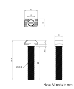 Technical Drawing of Drop In Bolt - T/V-Slot - 20 Series - M5 - 25mm