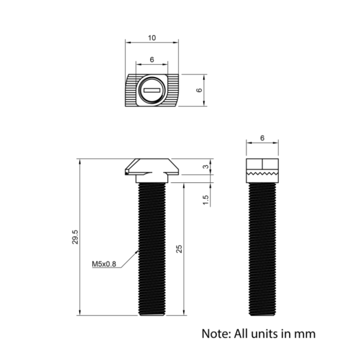 Technical Drawing of Drop In Bolt - T/V-Slot - 20 Series - M5 - 25mm