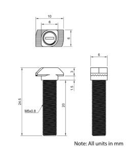 Technical Drawing of Drop In Bolt - T/V-Slot - 20 Series - M5 - 20mm