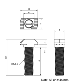 Technical Drawing of Drop In Bolt - T/V-Slot - 20 Series - M5 - 16mm