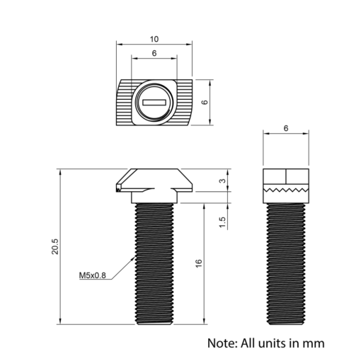 Technical Drawing of Drop In Bolt - T/V-Slot - 20 Series - M5 - 16mm