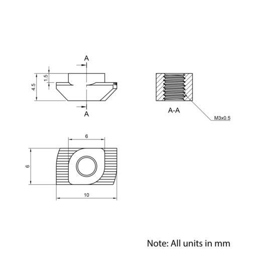 Technical Drawing Of Drop In Nut - T/V-Slot - 20 Series - M3
