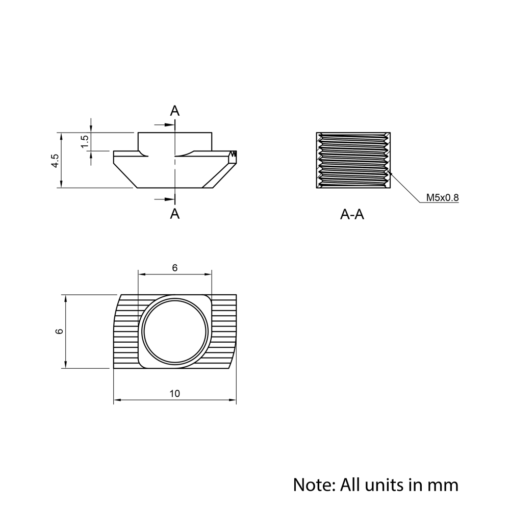 Technical Drawing Of Drop In Nut - T/V-Slot - 20 Series - M5