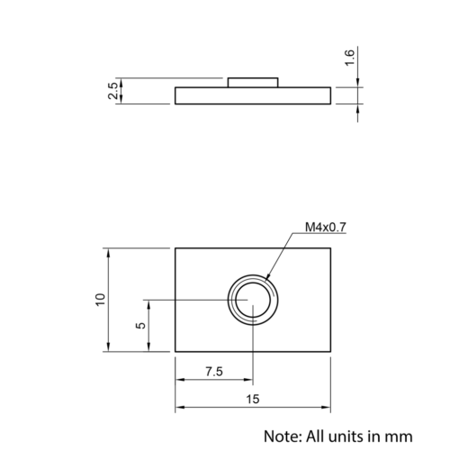 Technical Drawing Of Flat Nut - T/V-Slot - 20 Series - M4