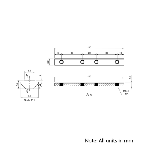 Technical Drawing Of Heavy Duty Inner Link Connector - Profile - 20 Series - With Fixings