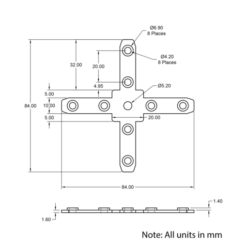 Technical Drawing Of Inner Link Connector - Multiway - 4 Way - With Fixings