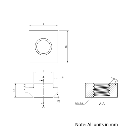 Technical Drawing Of Slide In Nut - T/V-Slot - 20 Series - M5