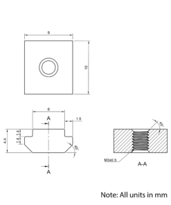 Technical Drawing Of Slide In Nut - T/V-Slot - 20 Series - M3