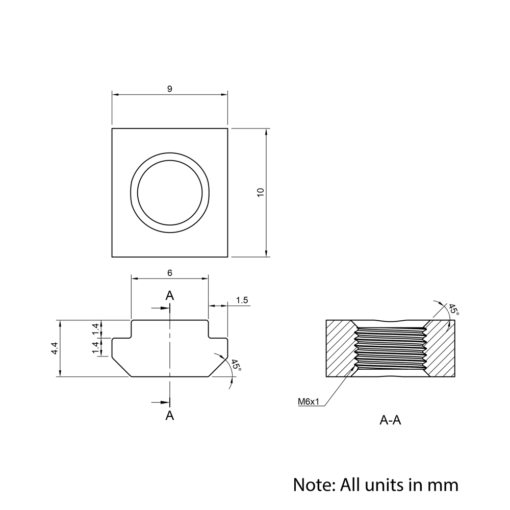 Technical Drawing Of Slide In Nut - T/V-Slot - 20 Series - M6