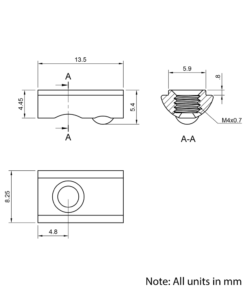 Technical Drawing Of Spring Ball Loaded Nut - T/V-Slot - 20 Series - M4