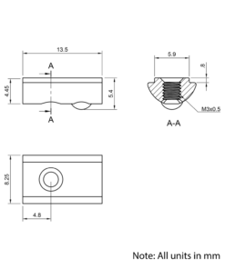 Technical Drawing Of Spring Ball Loaded Nut - T/V-Slot - 20 Series - M3