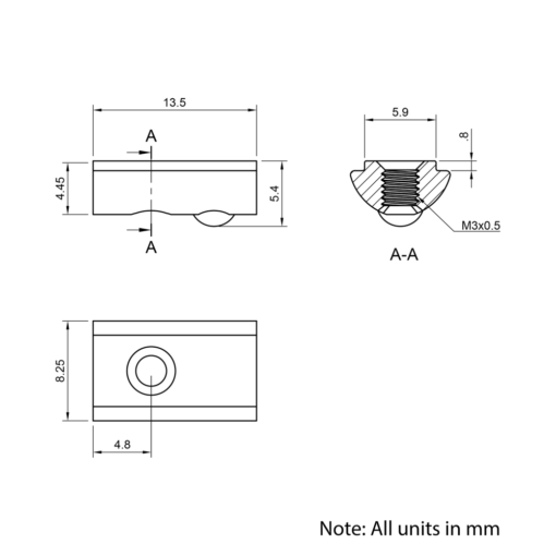 Technical Drawing Of Spring Ball Loaded Nut - T/V-Slot - 20 Series - M3