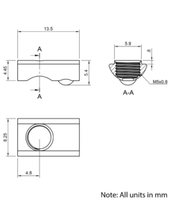 Technical Drawing Of Spring Ball Loaded Nut - T/V-Slot - 20 Series - M5