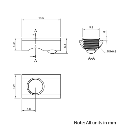 Technical Drawing Of Spring Ball Loaded Nut - T/V-Slot - 20 Series - M5