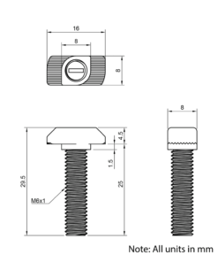 Technical Drawing of Drop In Bolt - T-Slot - 30 Series - M6 - 25mm
