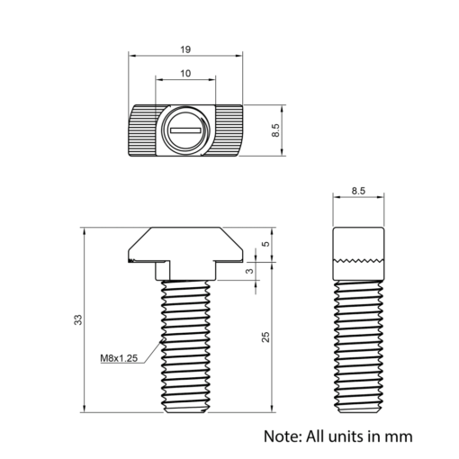 Technical Drawing of Drop In Bolt - T-Slot - 40 & 45 Series - M8 - 25mm