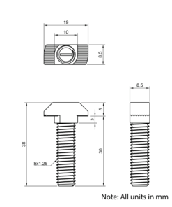 Technical Drawing of Drop In Bolt - T-Slot - 40 & 45 Series - M8 - 30mm