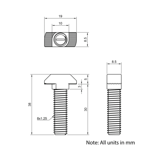 Technical Drawing of Drop In Bolt - T-Slot - 40 & 45 Series - M8 - 30mm