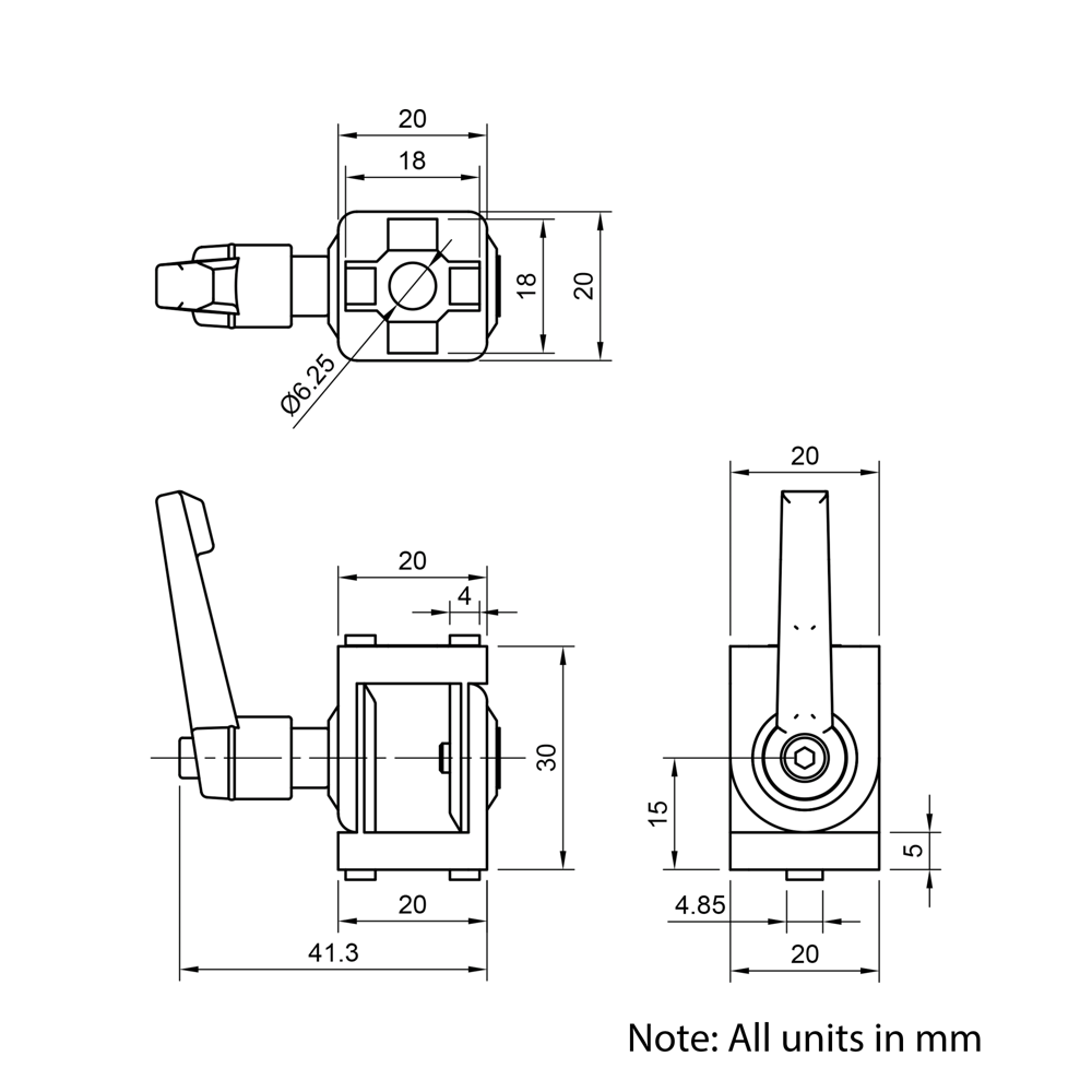 Technical Drawing Of Pivot Joint - 20 Series - With Adjustable Handle
