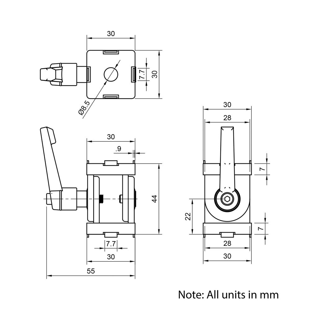 Technical Drawing Of Pivot Joint - 30 Series - With Adjustable Handle