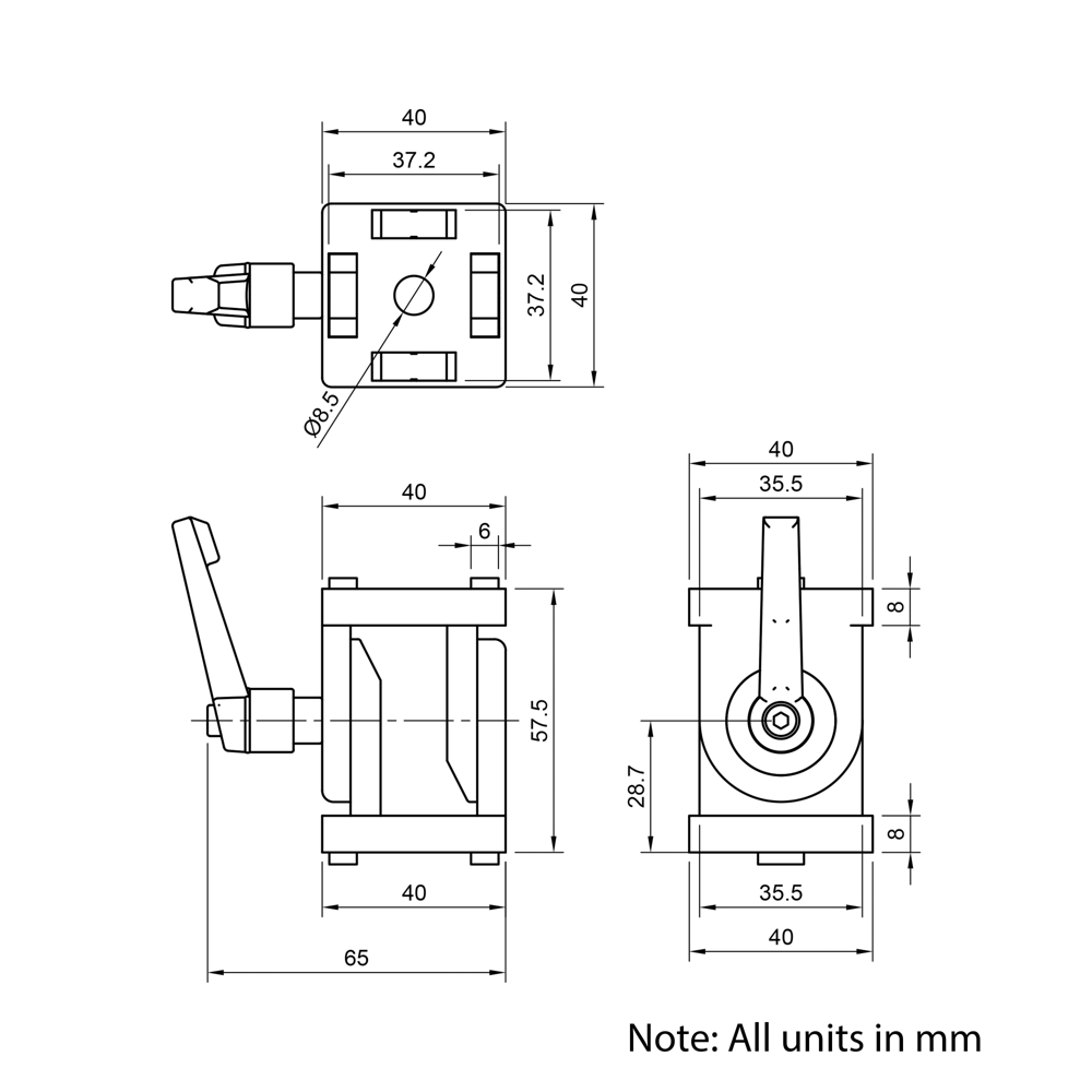 Technical Drawing Of Pivot Joint - 40 Series - With Adjustable Handle