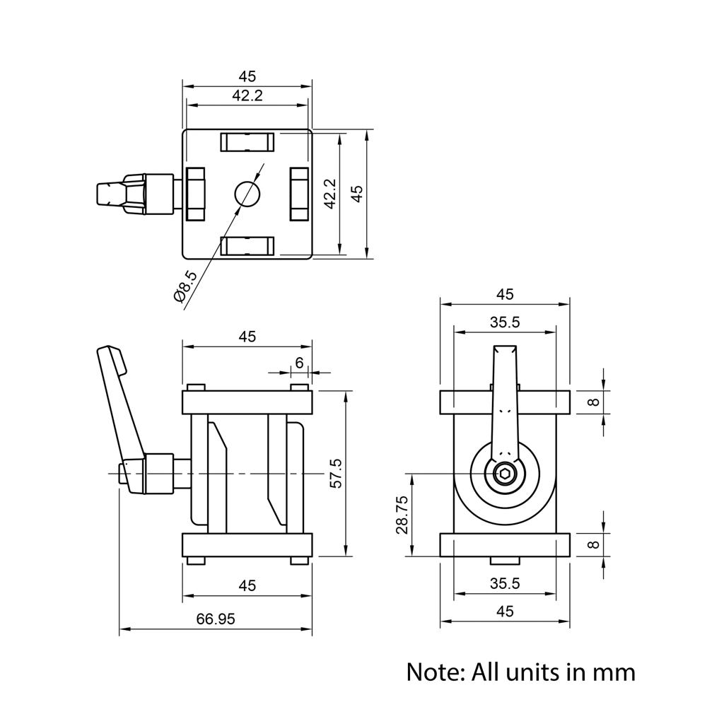 Technical Drawing Of Pivot Joint - 45 Series - With Adjustable Handle