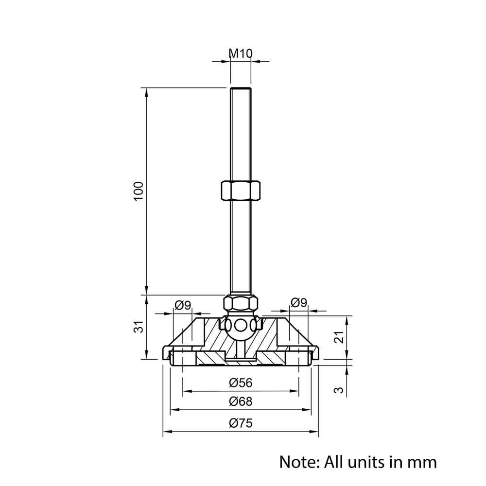 Technical Drawing Of Articulating Anti-slip Levelling Foot - Metal 75mm - M10 - 100mm