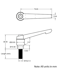 Technical Drawing Of Adjustable Handle - M10 - 20mm