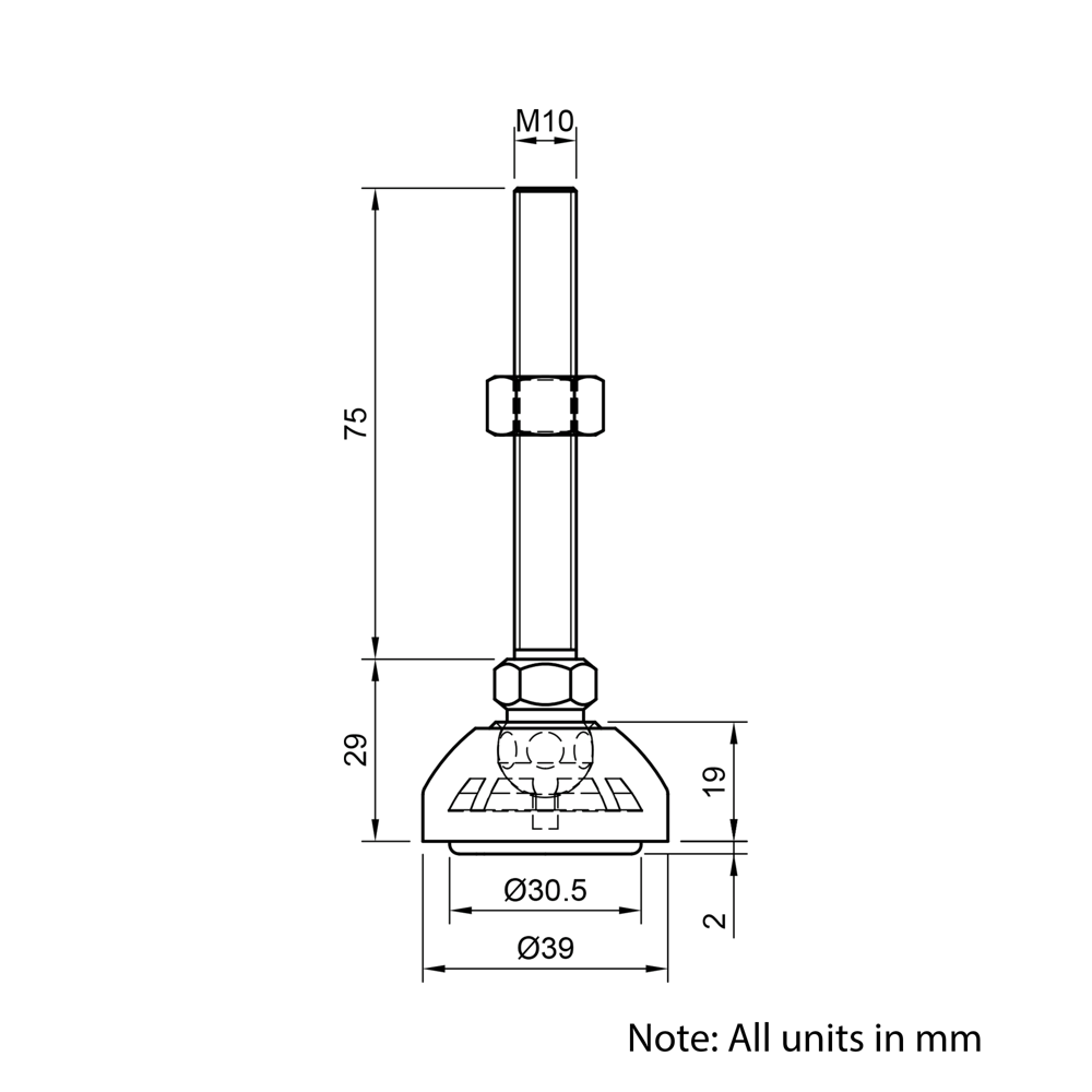 Technical Drawing Of Articulating Anti-slip Levelling Foot - Metal 39mm - M10 - 75mm