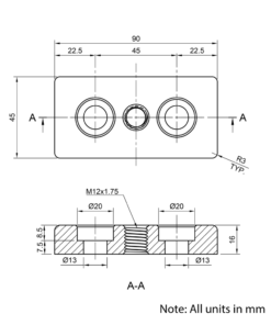 Technical Drawing Of Foot Plate - 45 Series - 45x90 - M12