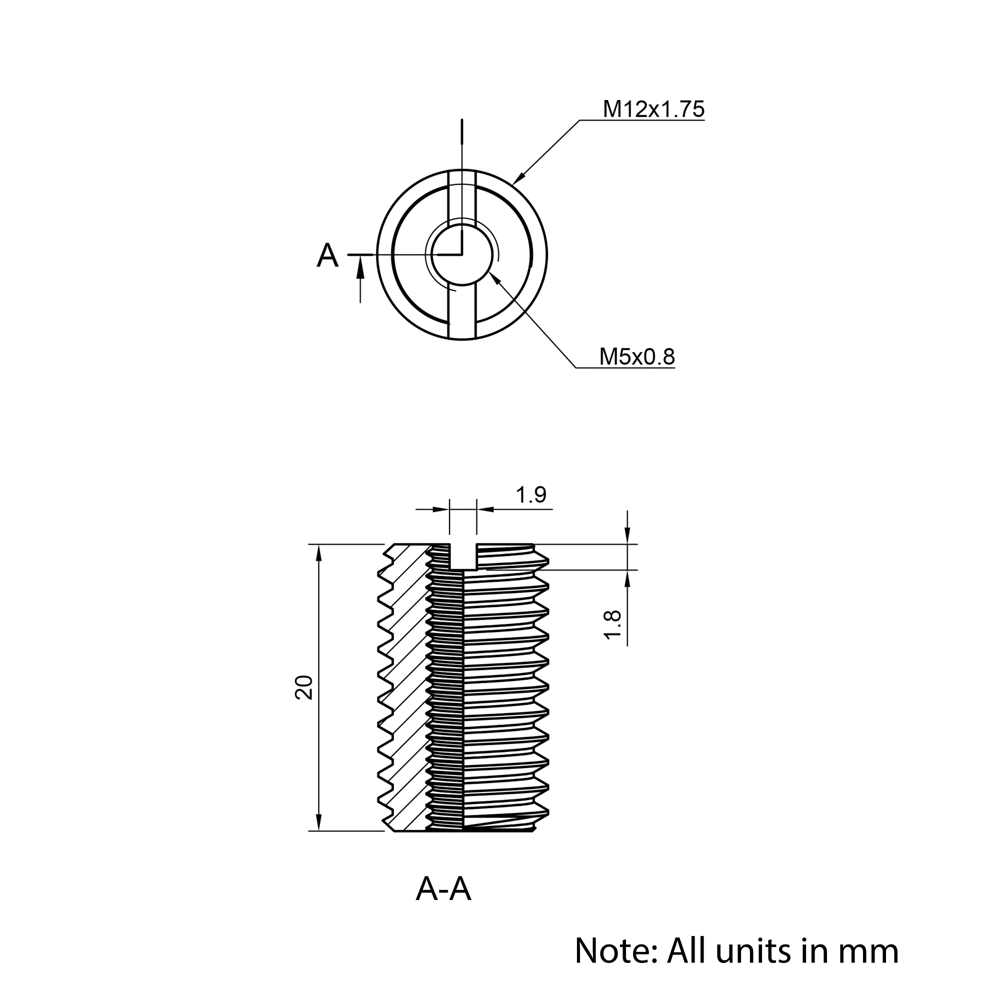 Technical Drawing Of Thread Reducer - M12 to M5