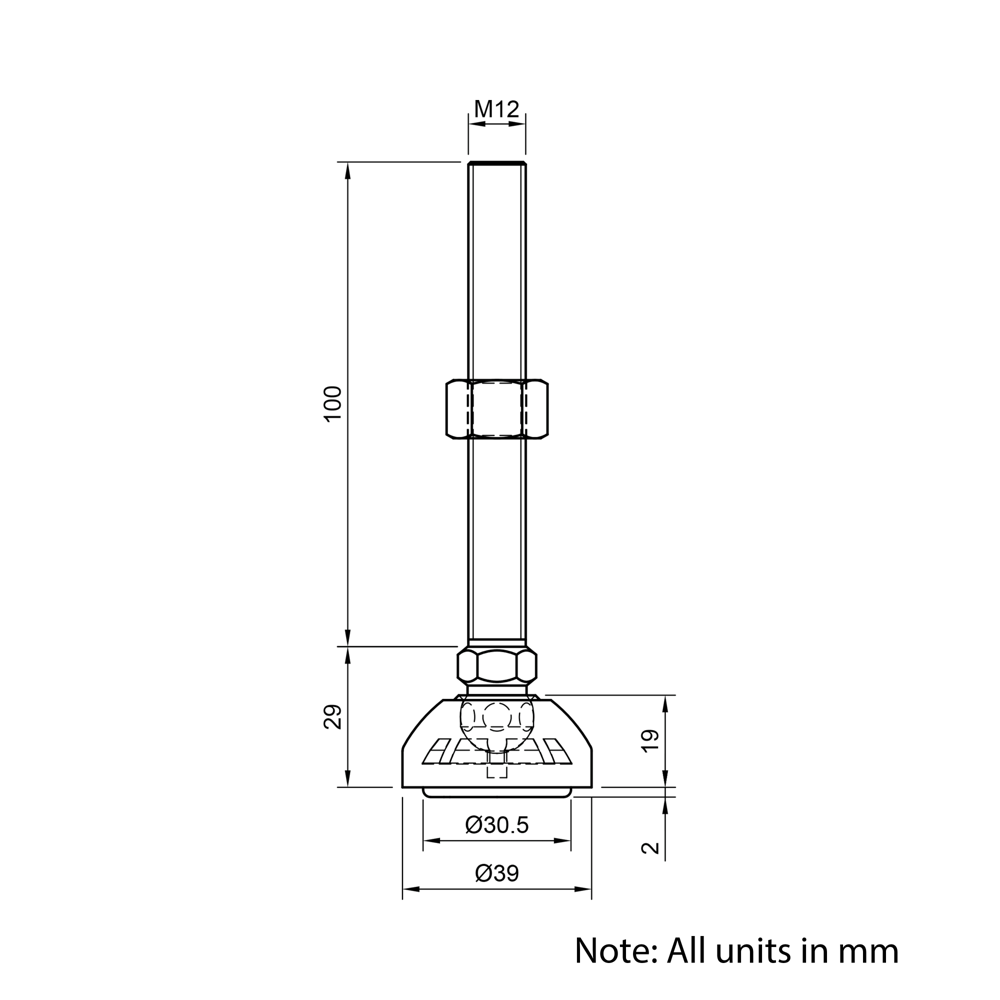 Technical Drawing Of Articulating Anti-slip Levelling Foot - Metal 39mm - M12 - 100mm