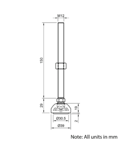 Technical Drawing Of Articulating Anti-slip Levelling Foot - Metal 39mm - M12 - 150mm