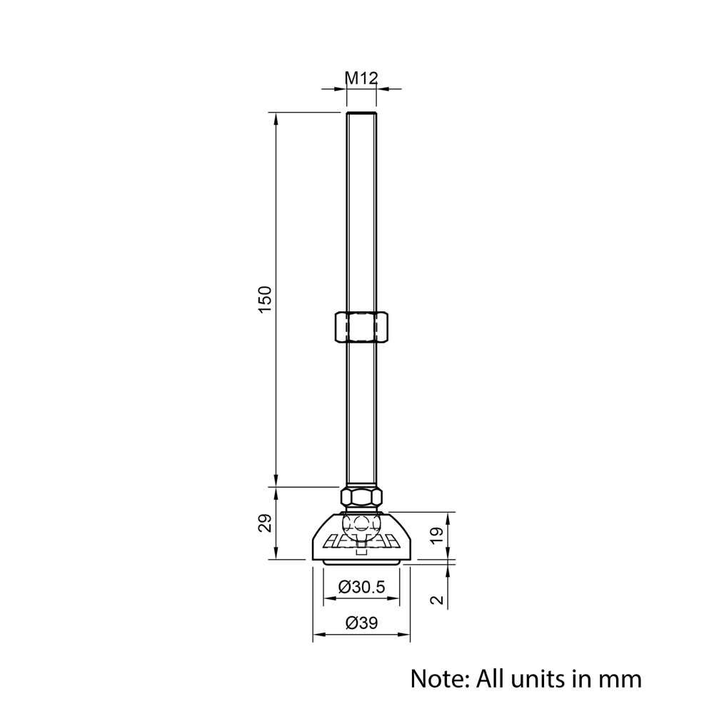 Technical Drawing Of Articulating Anti-slip Levelling Foot - Metal 39mm - M12 - 150mm