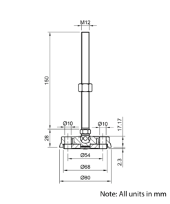Technical Drawing Of Articulating Anti-slip Levelling Foot - Nylon 80mm - M12 - 150mm