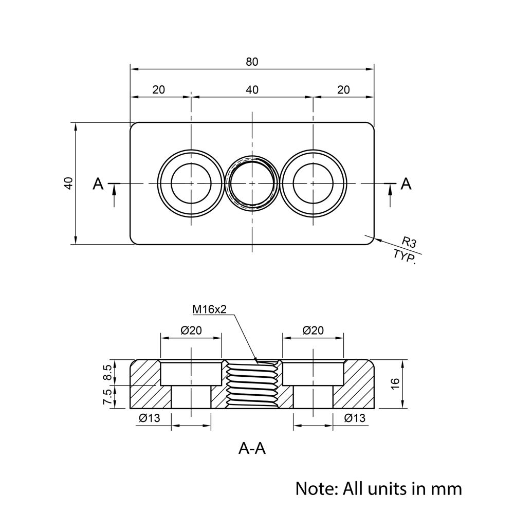 Technical Drawing Of Foot Plate - 40 Series - 40x80 - M16
