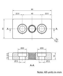 Technical Drawing Of Foot Plate - 45 Series - 45x90 - M16