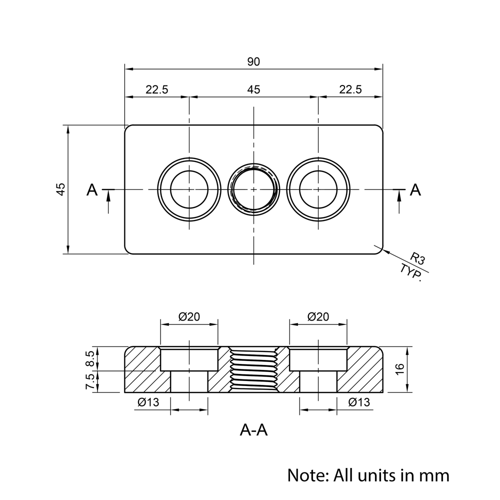 Technical Drawing Of Foot Plate - 45 Series - 45x90 - M16