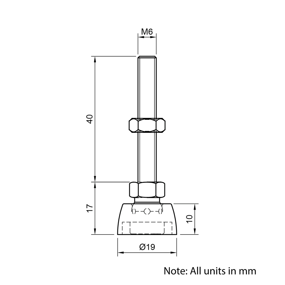 Technical Drawing Of Articulating Levelling Foot - Nylon 19mm - M6 - 40mm
