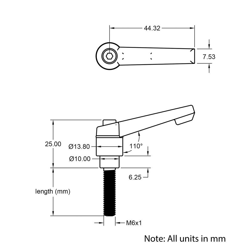 Technical Drawing Of Adjustable Handle - M6 - 50mm