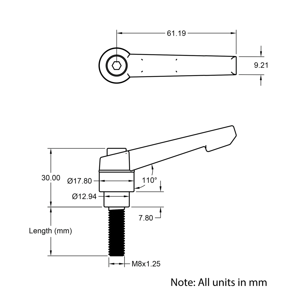Technical Drawing Of Adjustable Handle - M8 - 32mm